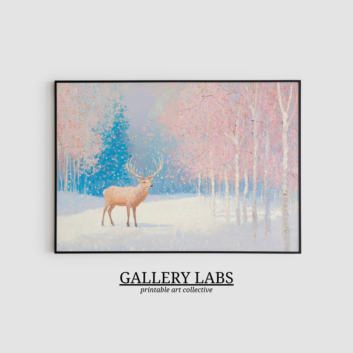 Pink Winter Deer Painting Snowy Forest Stag Christmas Art Poster - Image 2