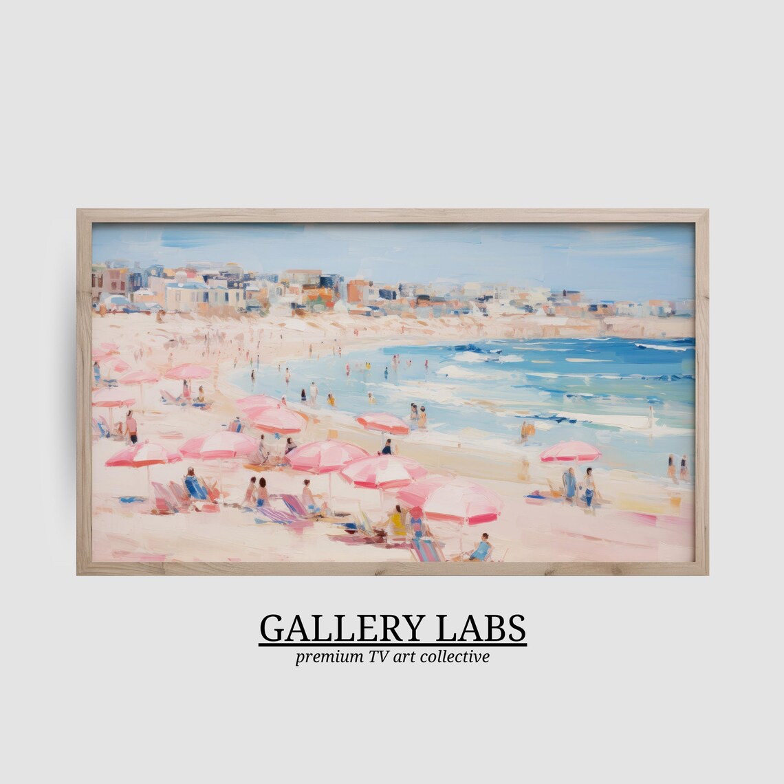 Sunny Beach Town With Pink Umbrellas Sparkling Blue Sea Cheerful Summer Painting Print - Image 2