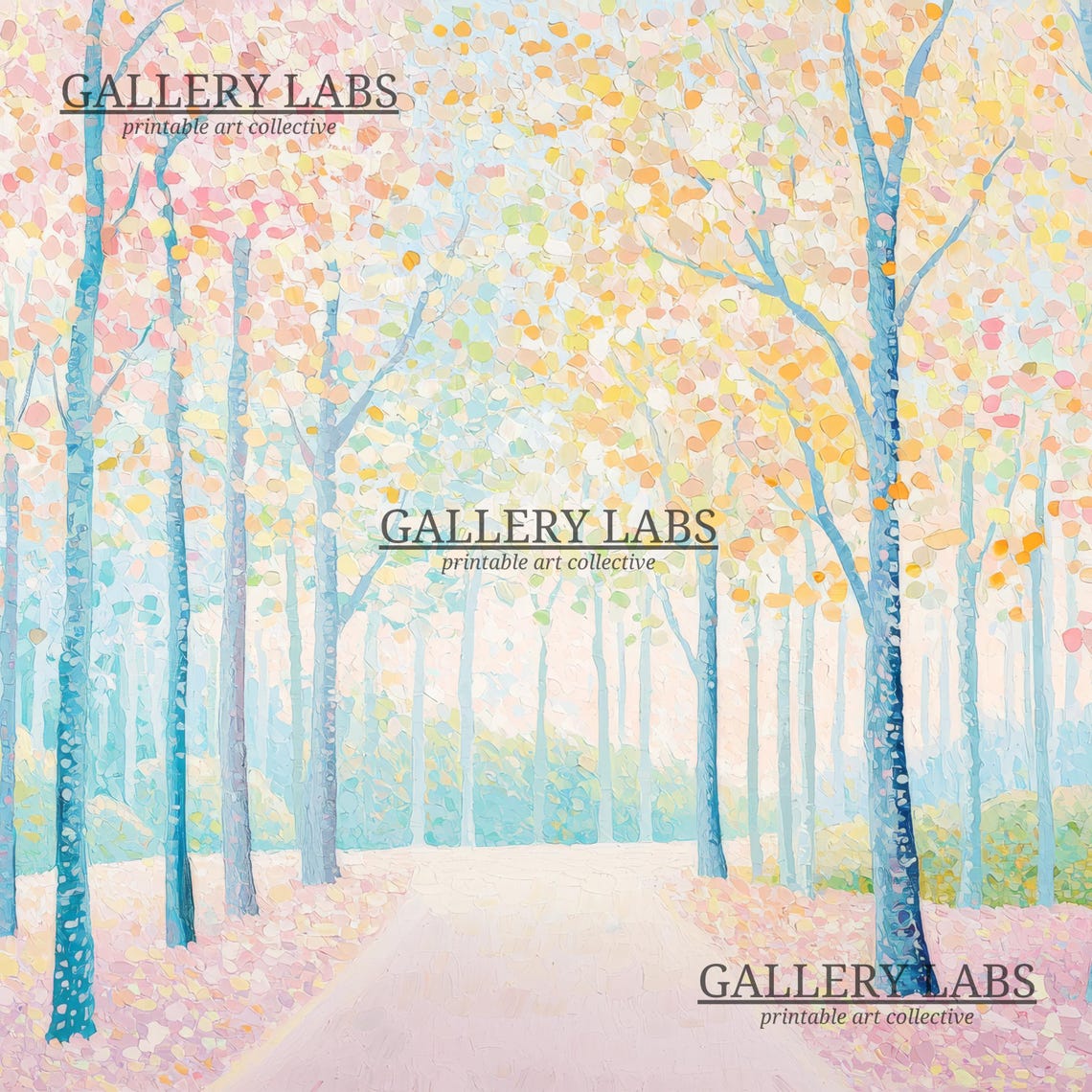 Pastel Pink Forest Avenue Autumn Trees Light Path Wall Art Poster - Image 4