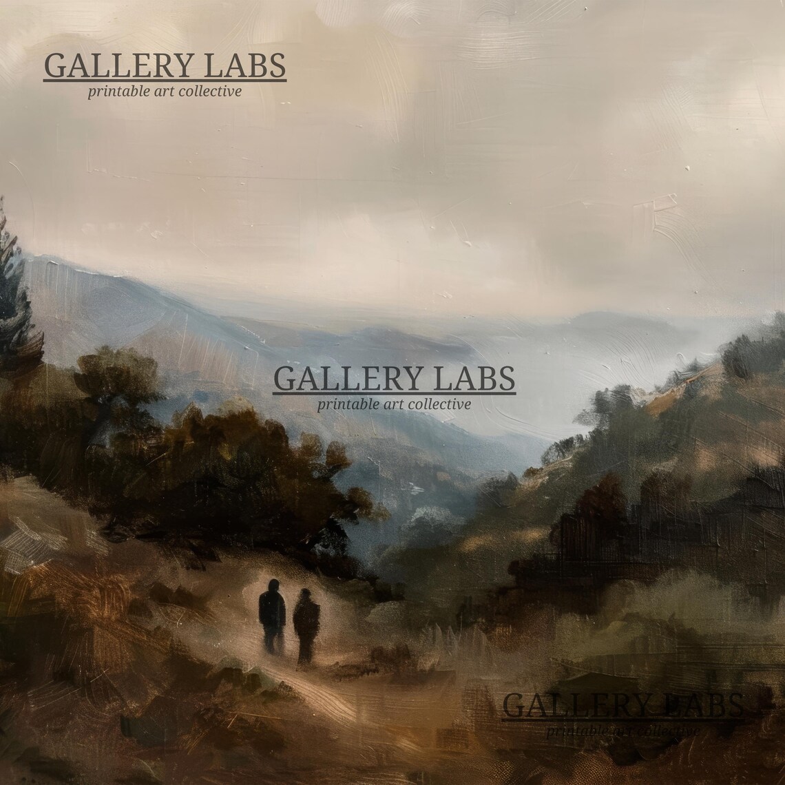 Misty Mountain Valley Trail With Walkers Moody Autumn Landscape Oil Painting Print - Image 4
