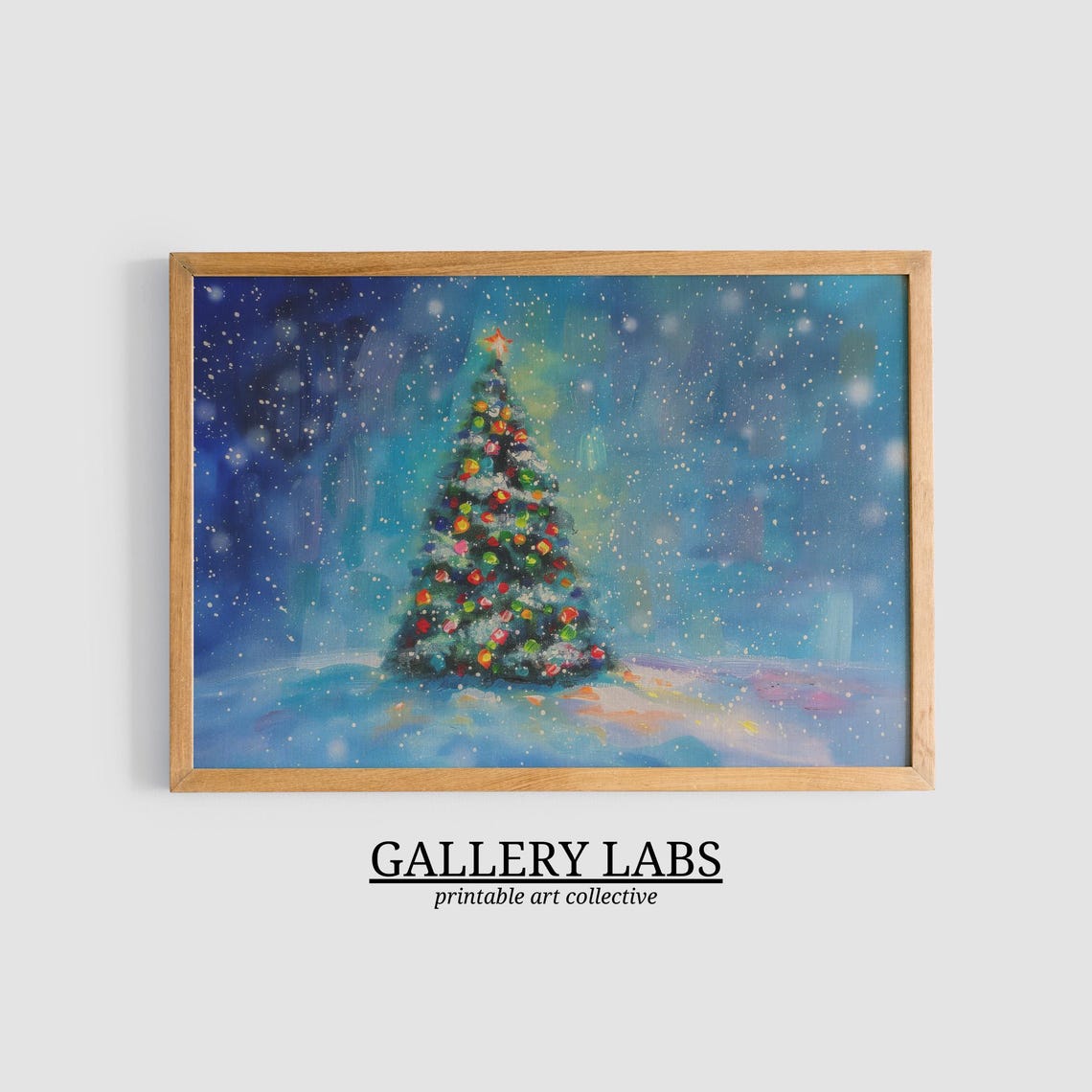 Colorful Christmas Tree Starry Blue Night Sky Snowfall Painting Poster - Image 3