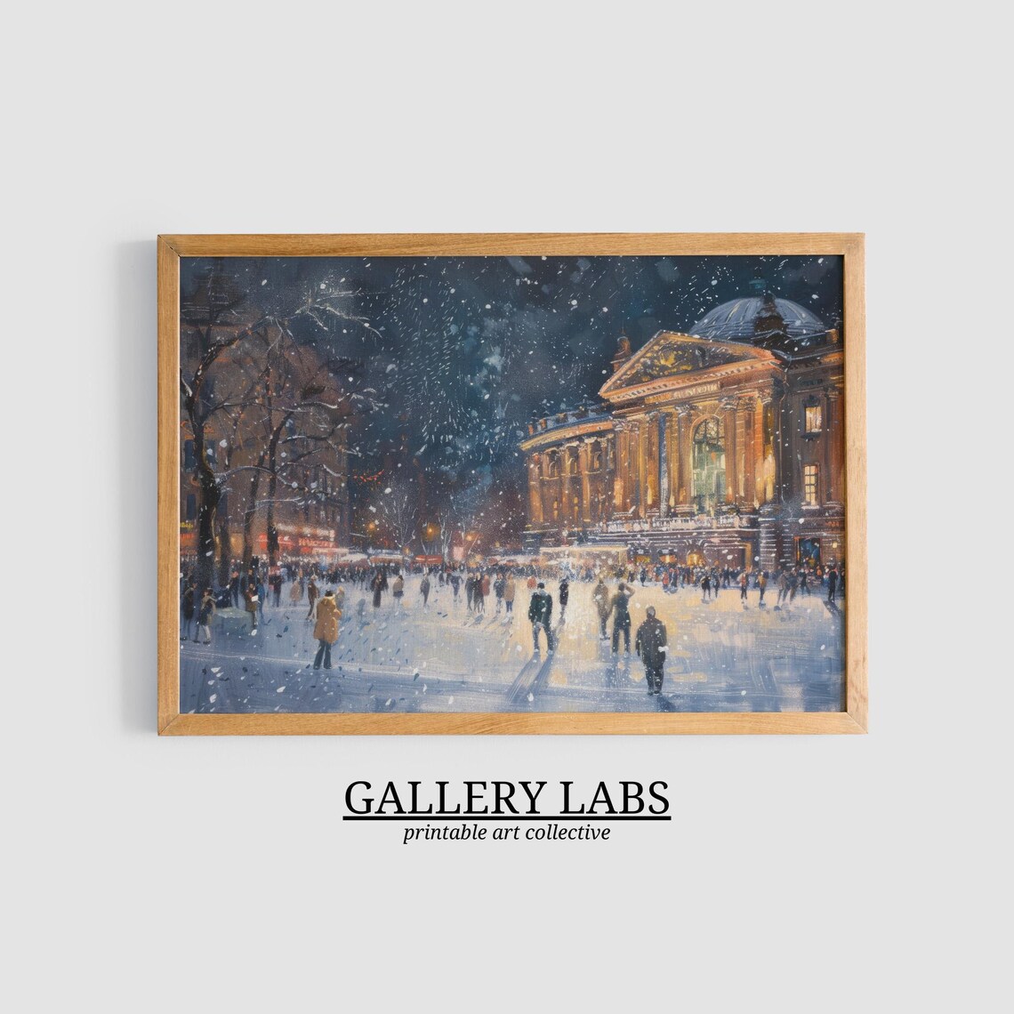European City Square Grand Palace Snowy Night Crowd Painting Poster - Image 3