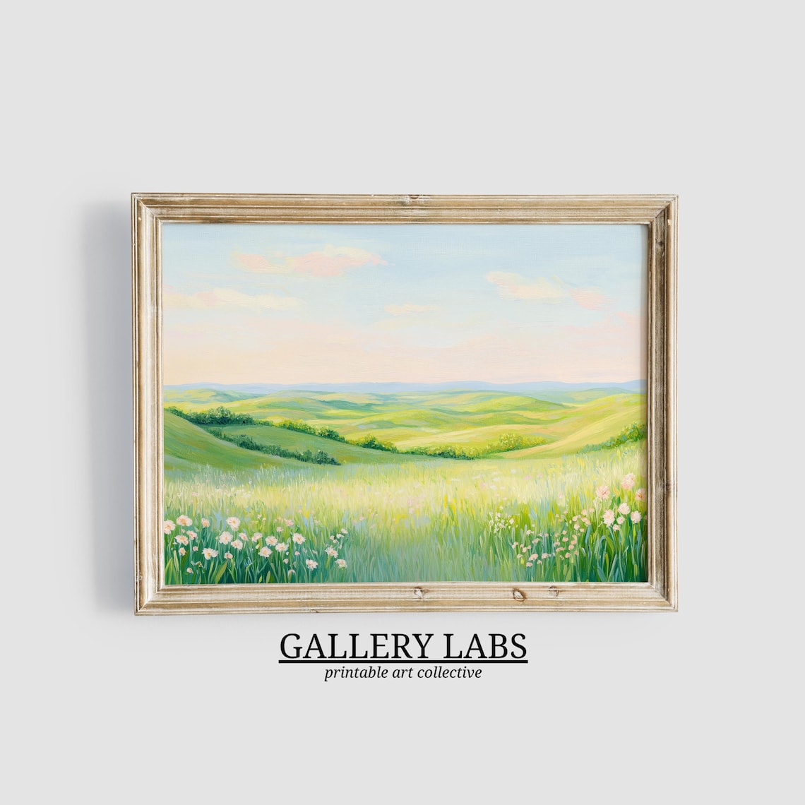 Daisy Field Painting Rolling Green Hills Pastel Sky Meadow Art Print