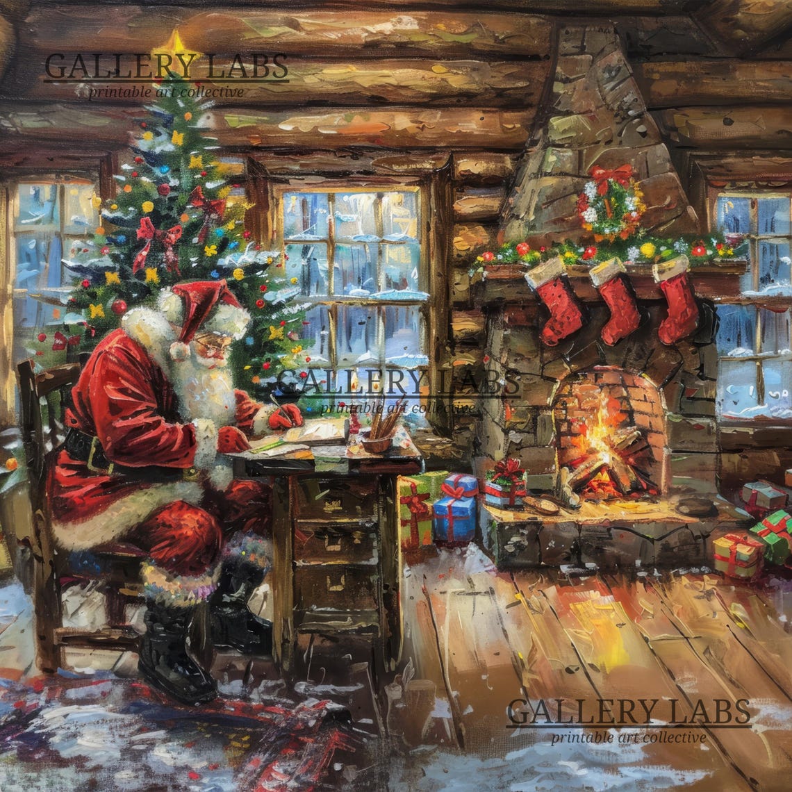 Santa Claus Writing Letters Log Cabin Fireplace Cozy Night Poster - Image 4