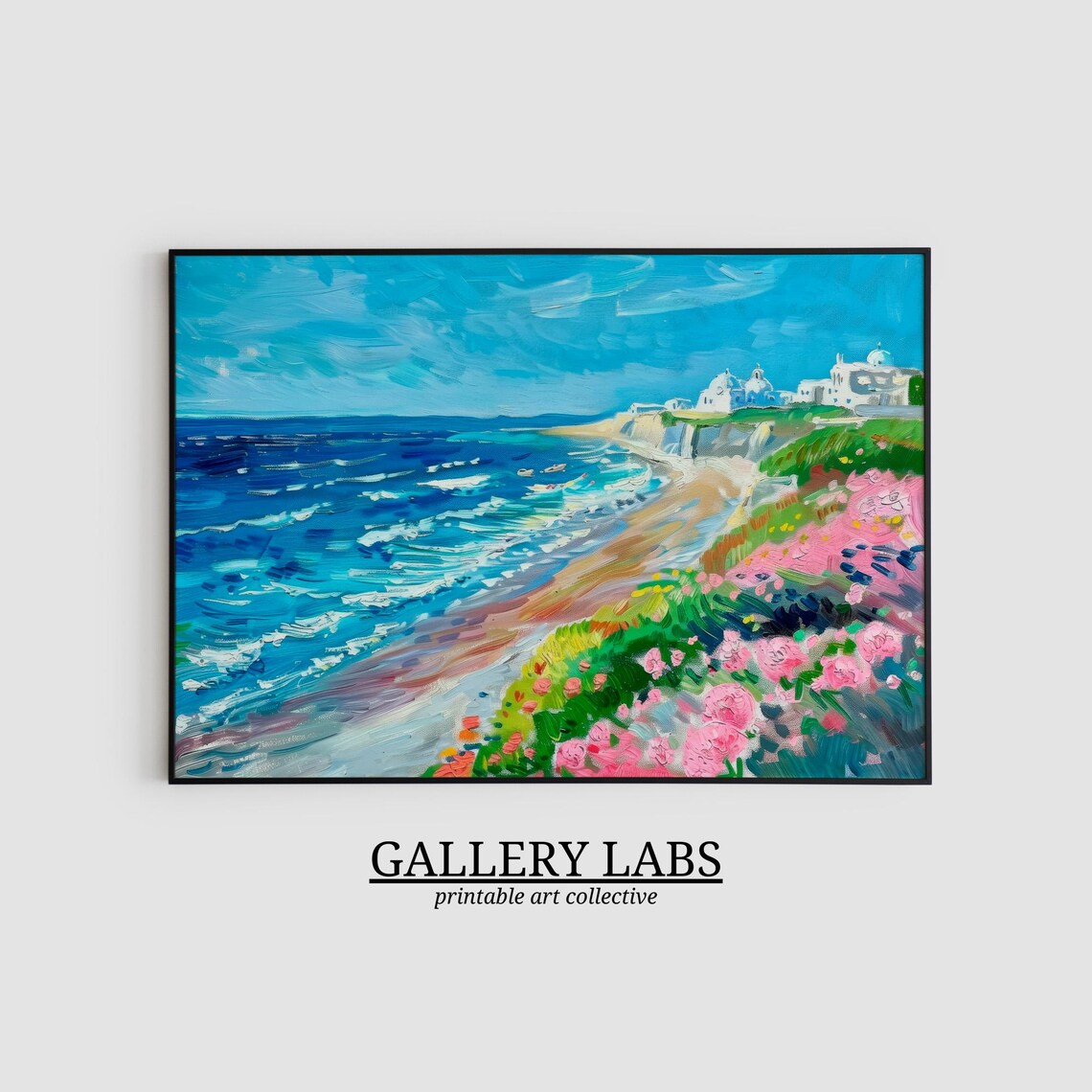 Sunny Coastal Beach with Pink Flowers White Village Seascape Wall Art Print - Image 2