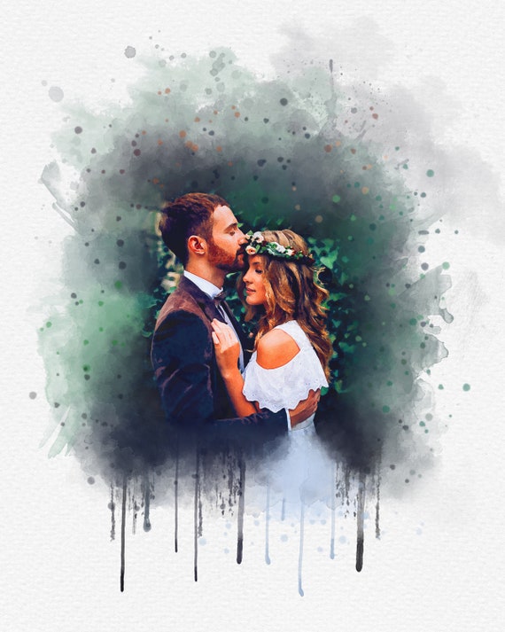 Personalized Watercolor Wedding Portrait From Photo Couple Embrace Print