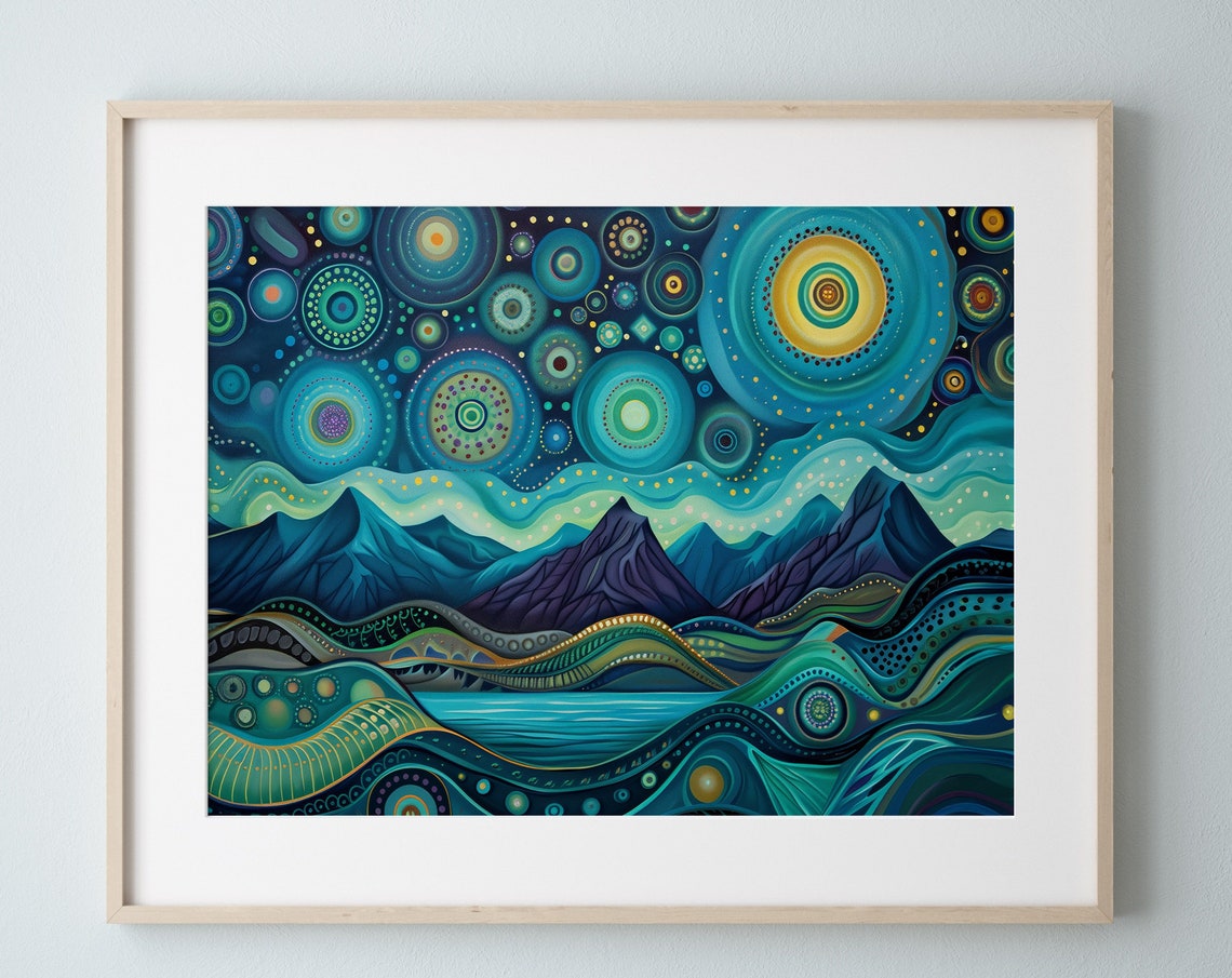 Aurora Borealis Mountain Art Print Abstract Night Sky Landscape