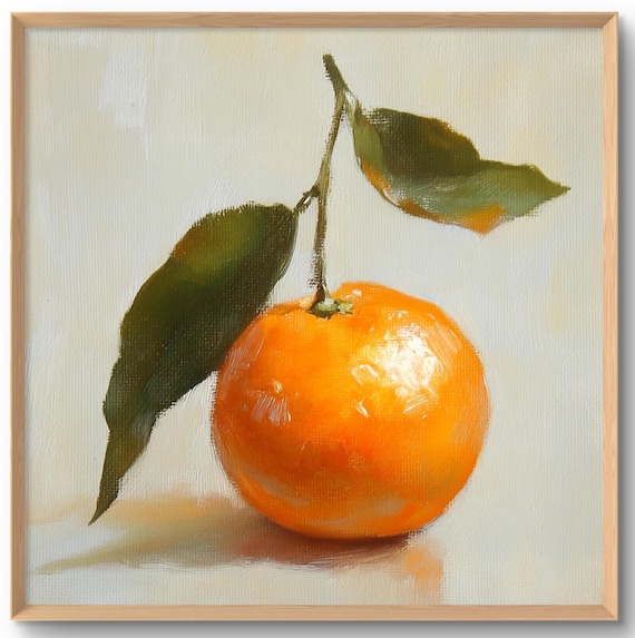 Single Orange Oil Painting Poster Citrus Fruit with Leaves Minimalist Decor