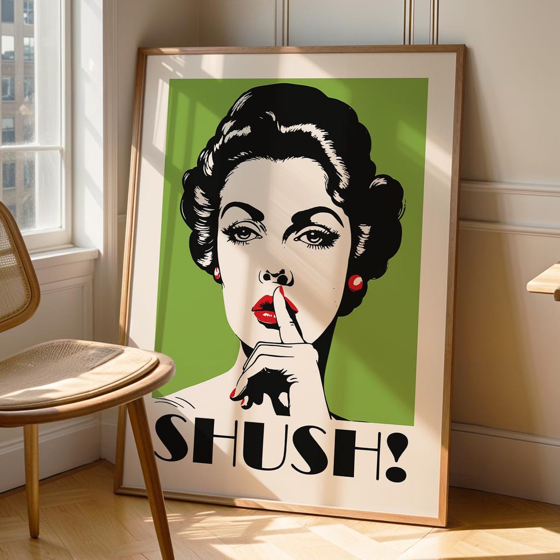 Cheeky SHUSH Retro Woman Finger to Lips Sarcastic Office Poster