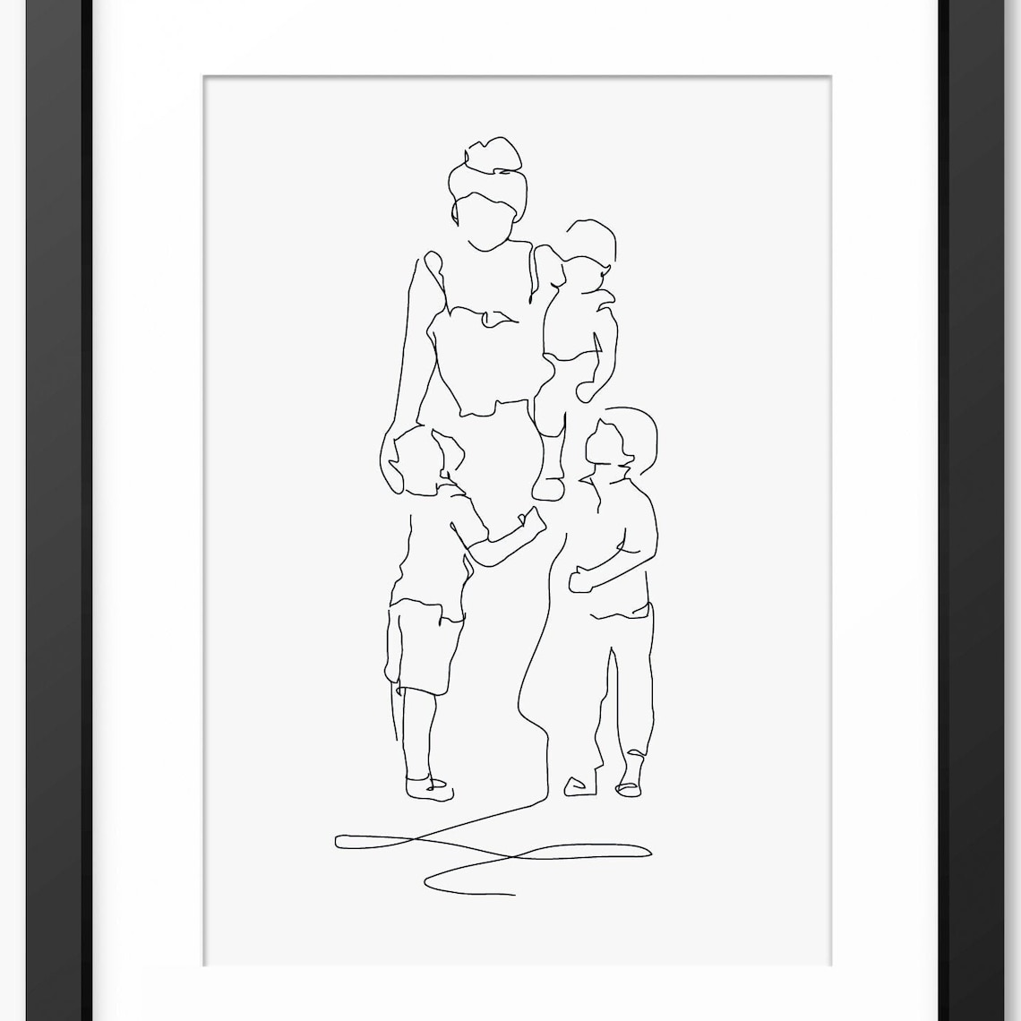 Mother Standing Proudly With Her Three Young Sons Line Art Poster