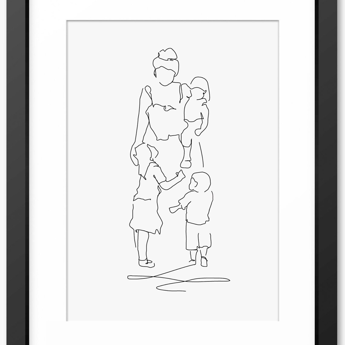 Mother Holding Toddler with Two Children Gathered Line Art Poster
