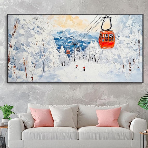 Original Skiing Art Painting 3d Plaster Style Skier Decor Wall Art Thick Texture Oil Painting White Skis Personalized Unique Gift Exquisite