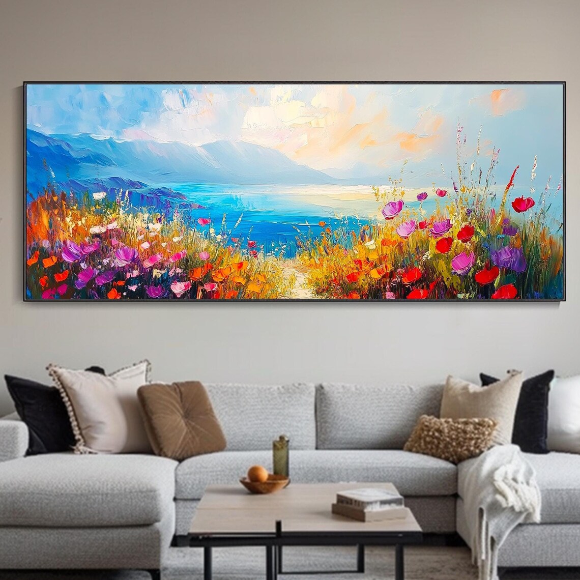 Wildflower Meadow Lake Mountain View Colorful Blossom Landscape Wall Art