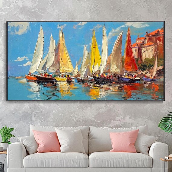 Impressionist Sailboat Regatta Harbor Colorful Sails Seascape Wall Art