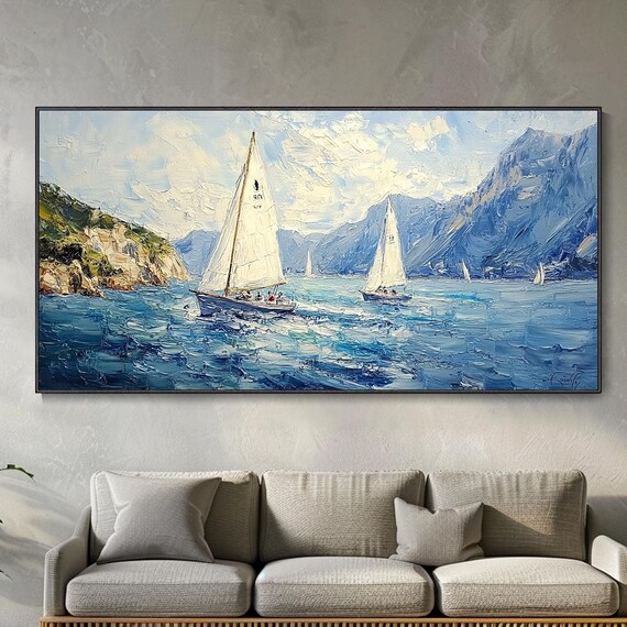 White Sailboats Blue Sea Mountain Coast Oil Painting Textured Seascape Poster