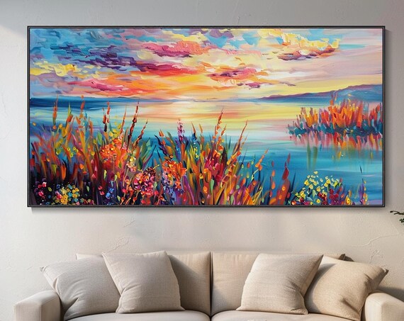 Sunrise Lake Wildflowers Oil Painting Colorful Morning Sky Impasto Wall Poster