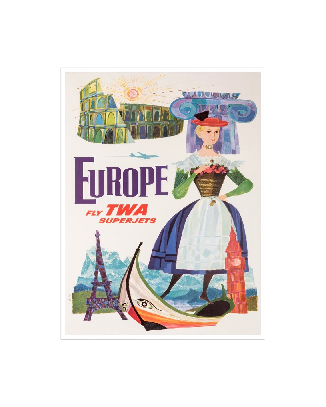 Europe Fly TWA Superjets Vintage Landmarks Collage Travel Poster