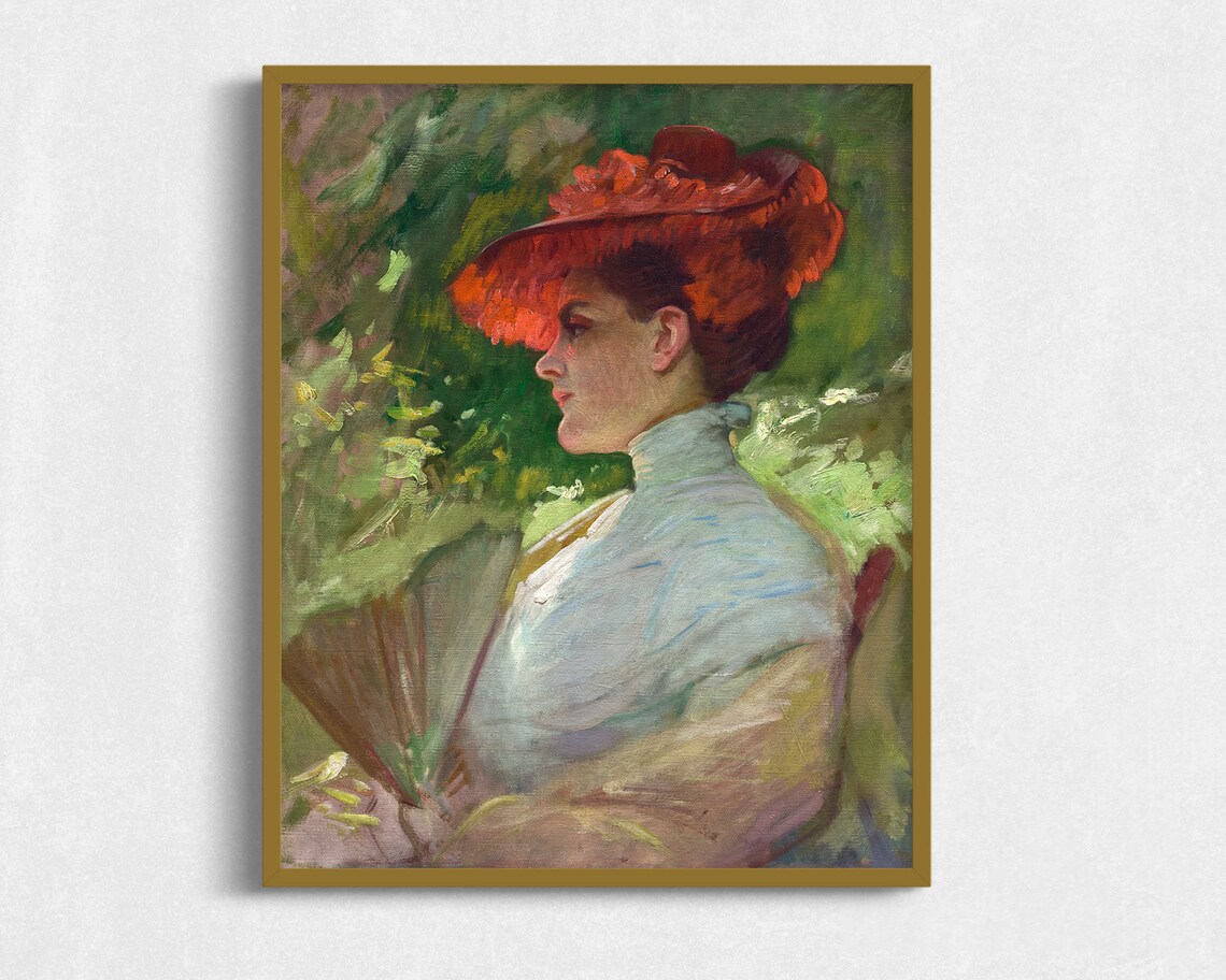 Woman In Red Hat Portrait Vintage Oil Painting Garden Scene Poster