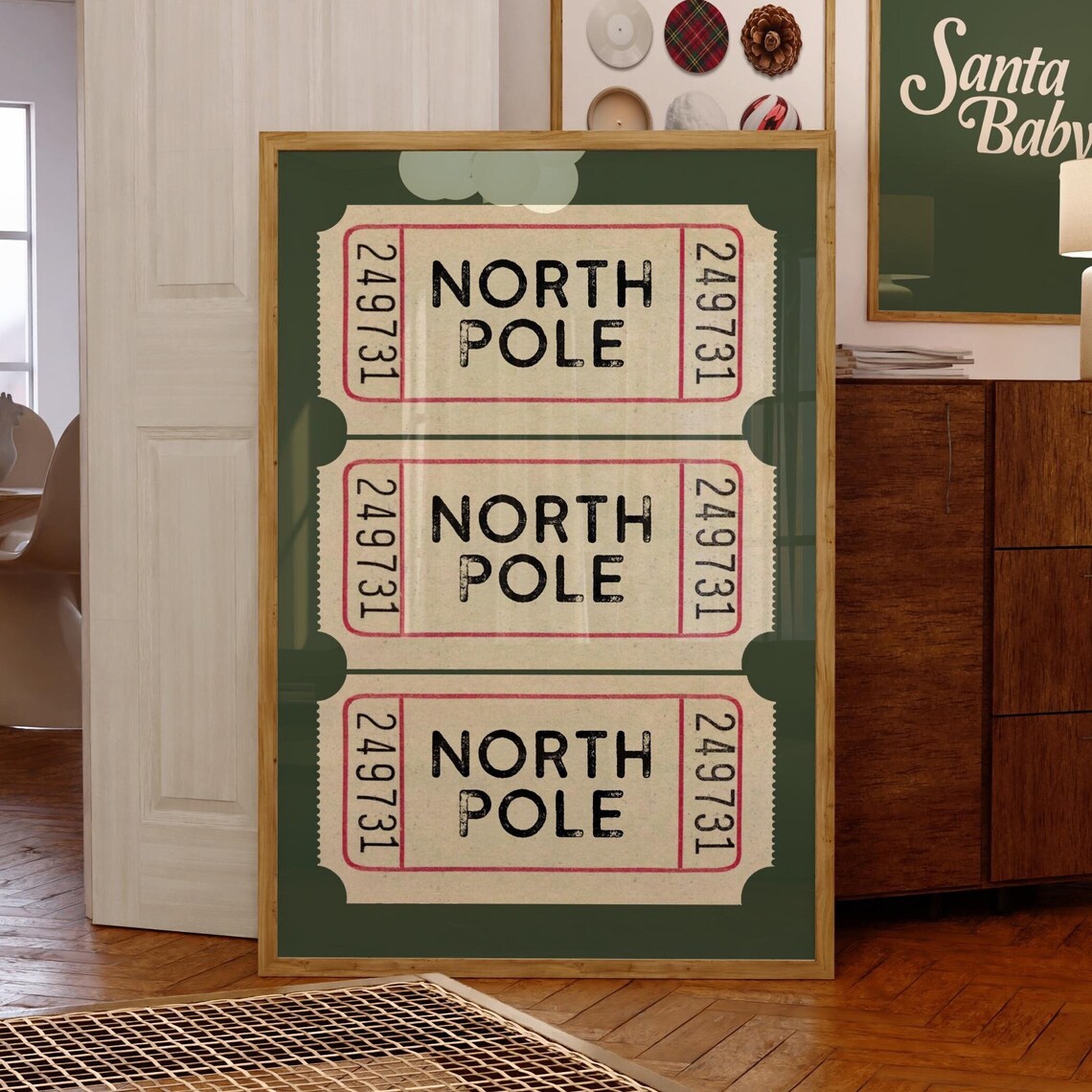 North Pole Ticket Retro Christmas Travel Poster