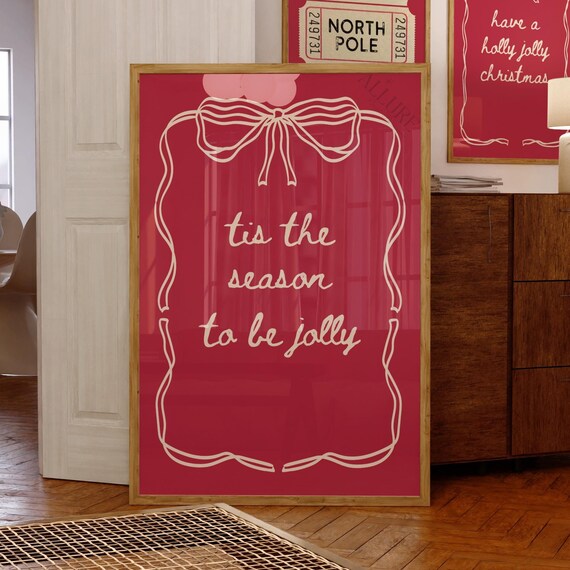 Coquette Bow Christmas Wall Art Tis The Season To Be Jolly Print Cute Holidays Typography Poster Red Xmas