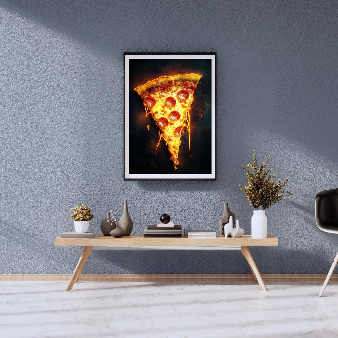 Glowing Pepperoni Pizza Slice Floating on Black Background Poster - Image 3