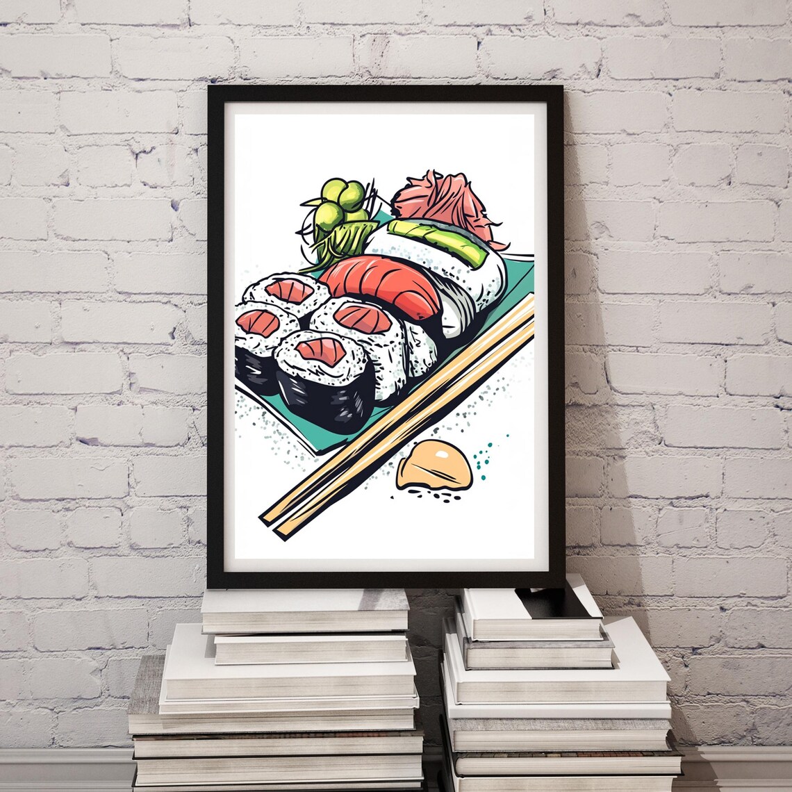 Japanese Sushi Platter Colorful Food Illustration Kitchen Poster
