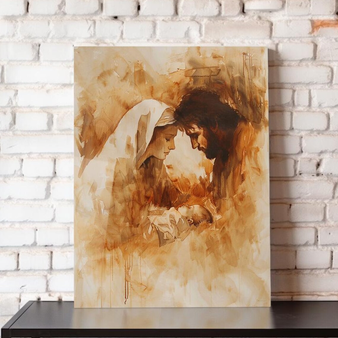 Mary And Joseph Gazing At Baby Jesus Golden Watercolor Nativity Poster