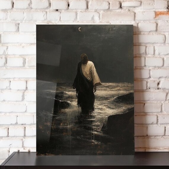 Jesus Walking On Water Under Crescent Moon Dark Oil Painting Art Poster