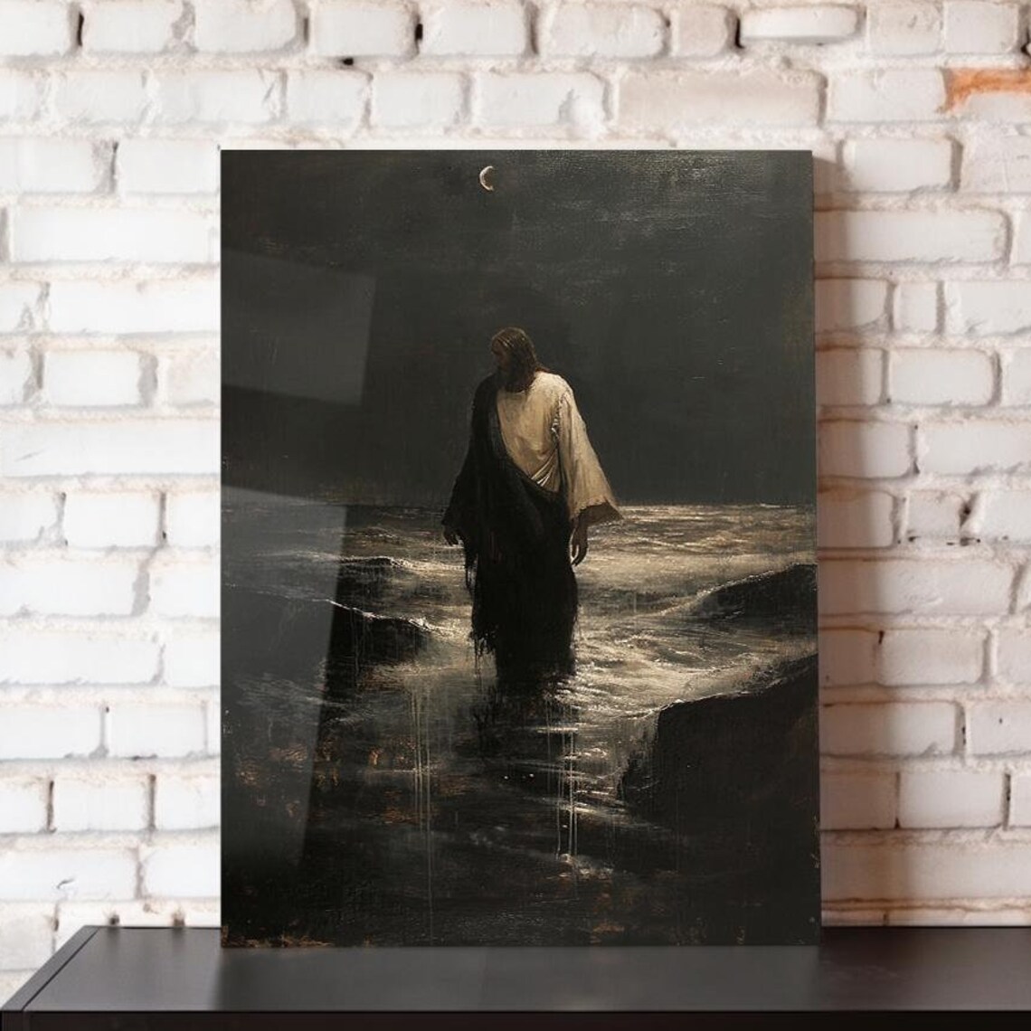Jesus Walking On Water Under Crescent Moon Dark Oil Painting Art Poster