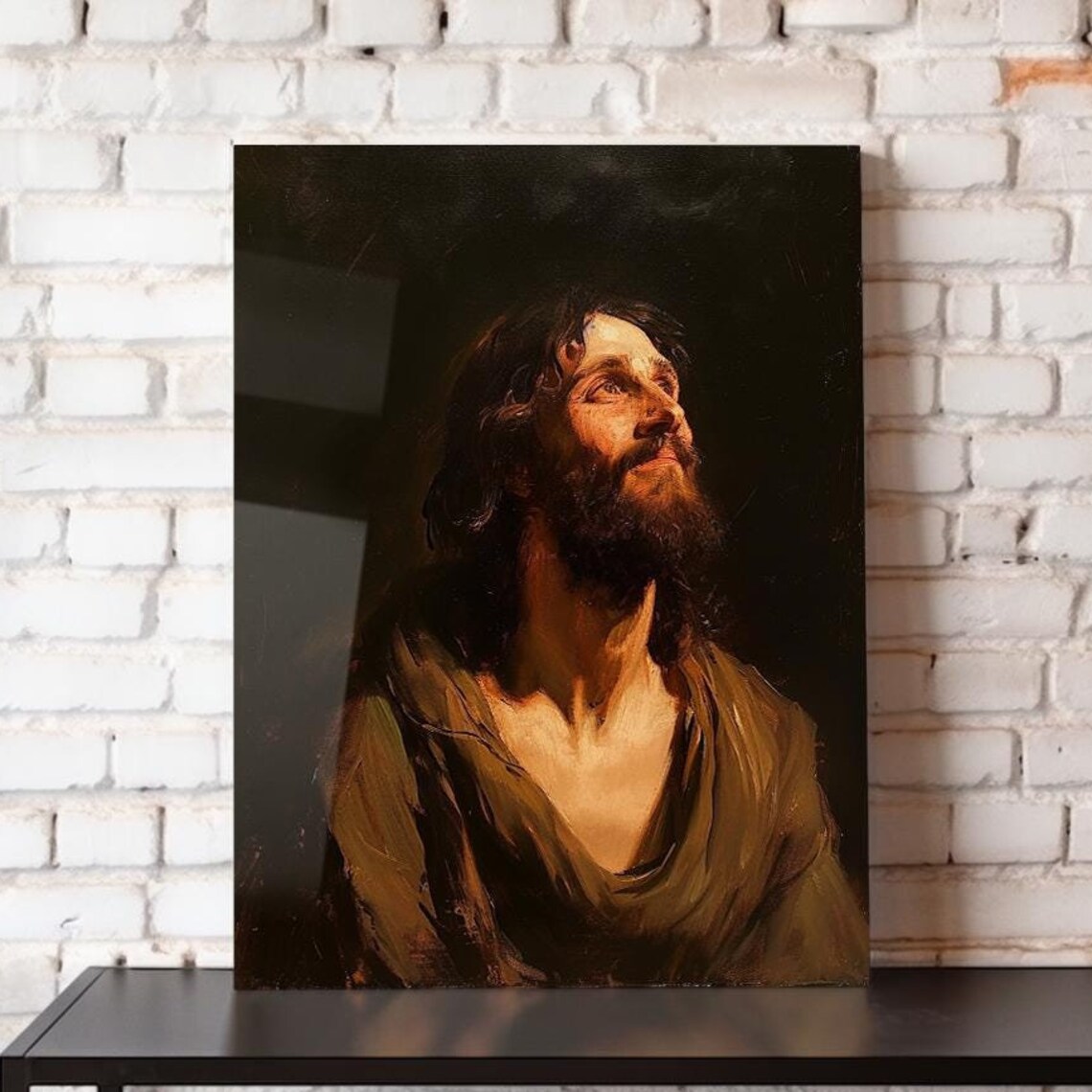 Jesus Gazing Upward Dark Background Oil Portrait Christian Faith Poster