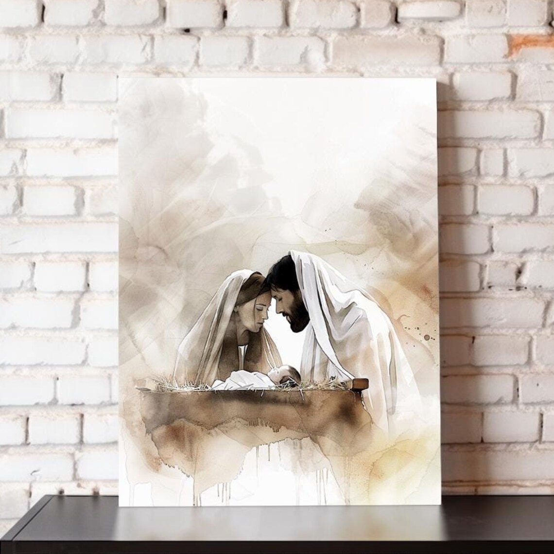 Mary And Joseph Leaning Over Manger Sepia Watercolor Nativity Poster