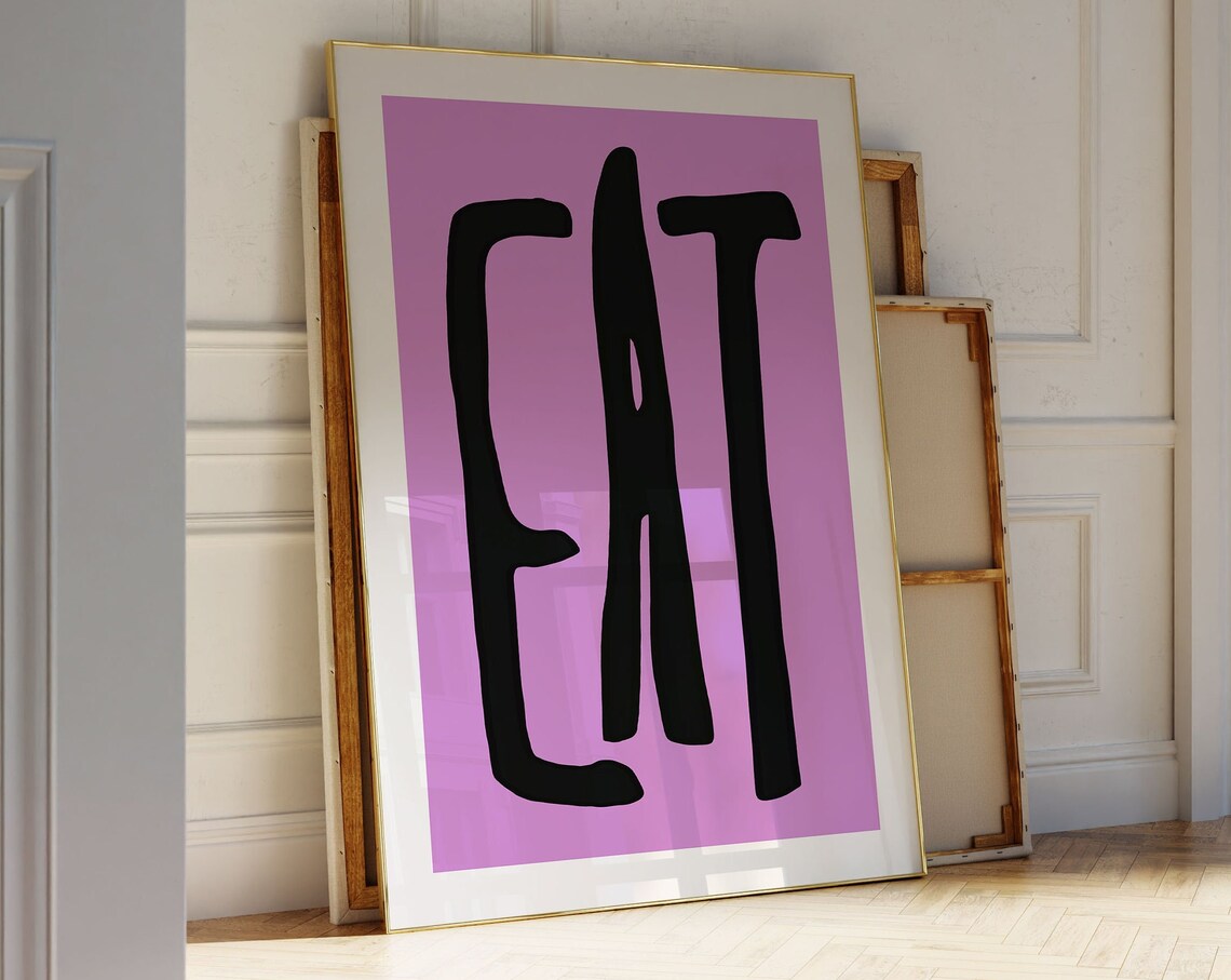 Eat Bold Black Typography Purple Kitchen Dining Room Wall Poster