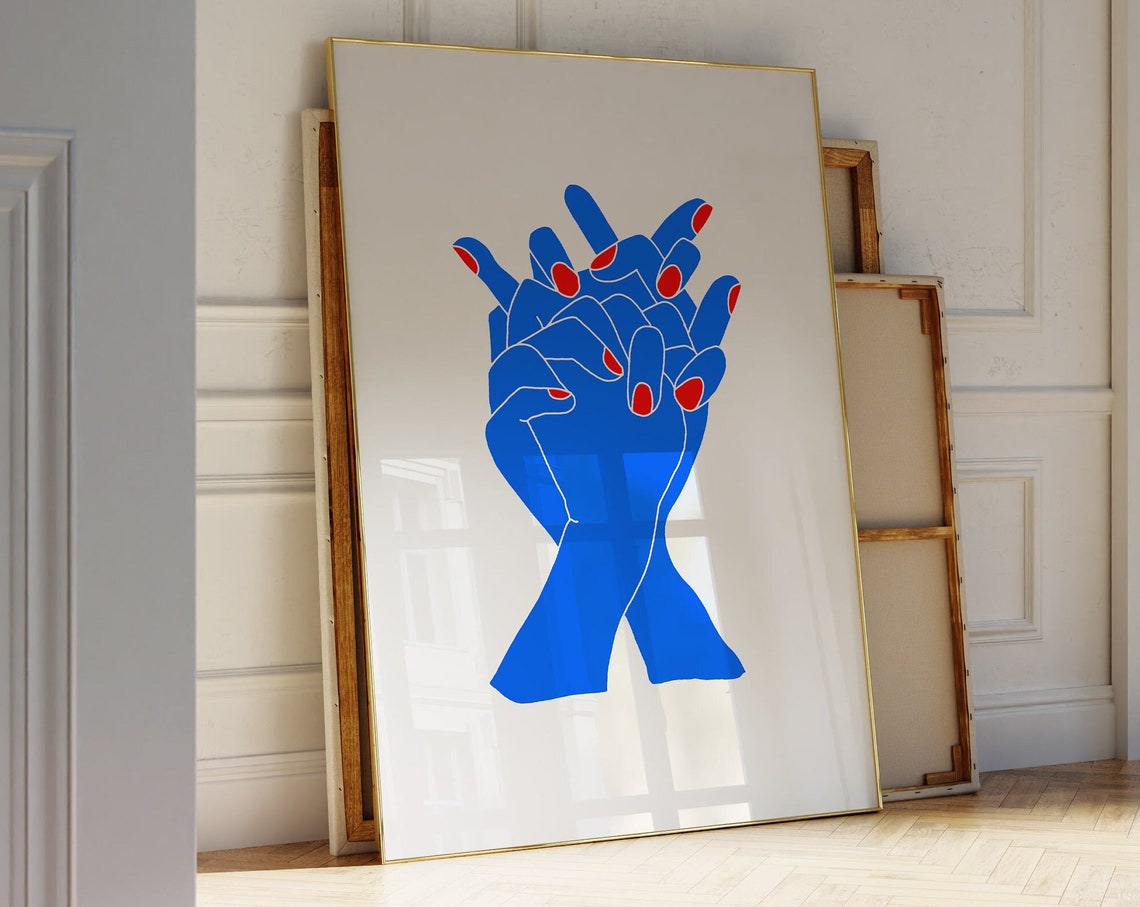 Holding Hands Blue Pop Art Red Nails Interlaced Fingers Poster