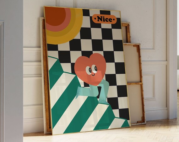 Vintage Retro Wall Art Groovy Print Checkers 70s Style Poster Apartment Funky Hippie Decor Cute