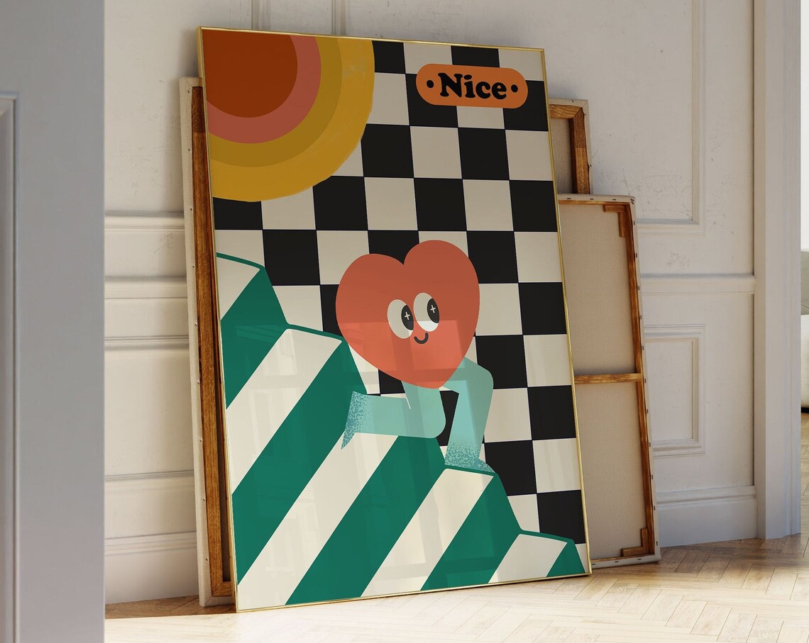 Groovy Retro Heart Mascot Nice Checkerboard Positive Art Poster