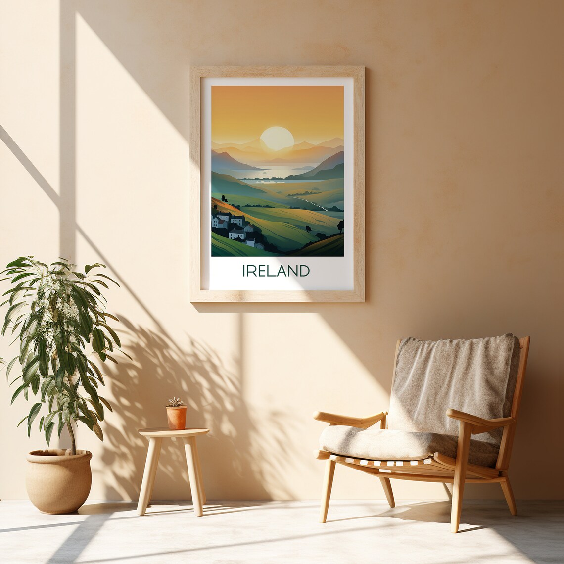 Ireland Village Valley Golden Sun Scenic Vintage Travel Poster