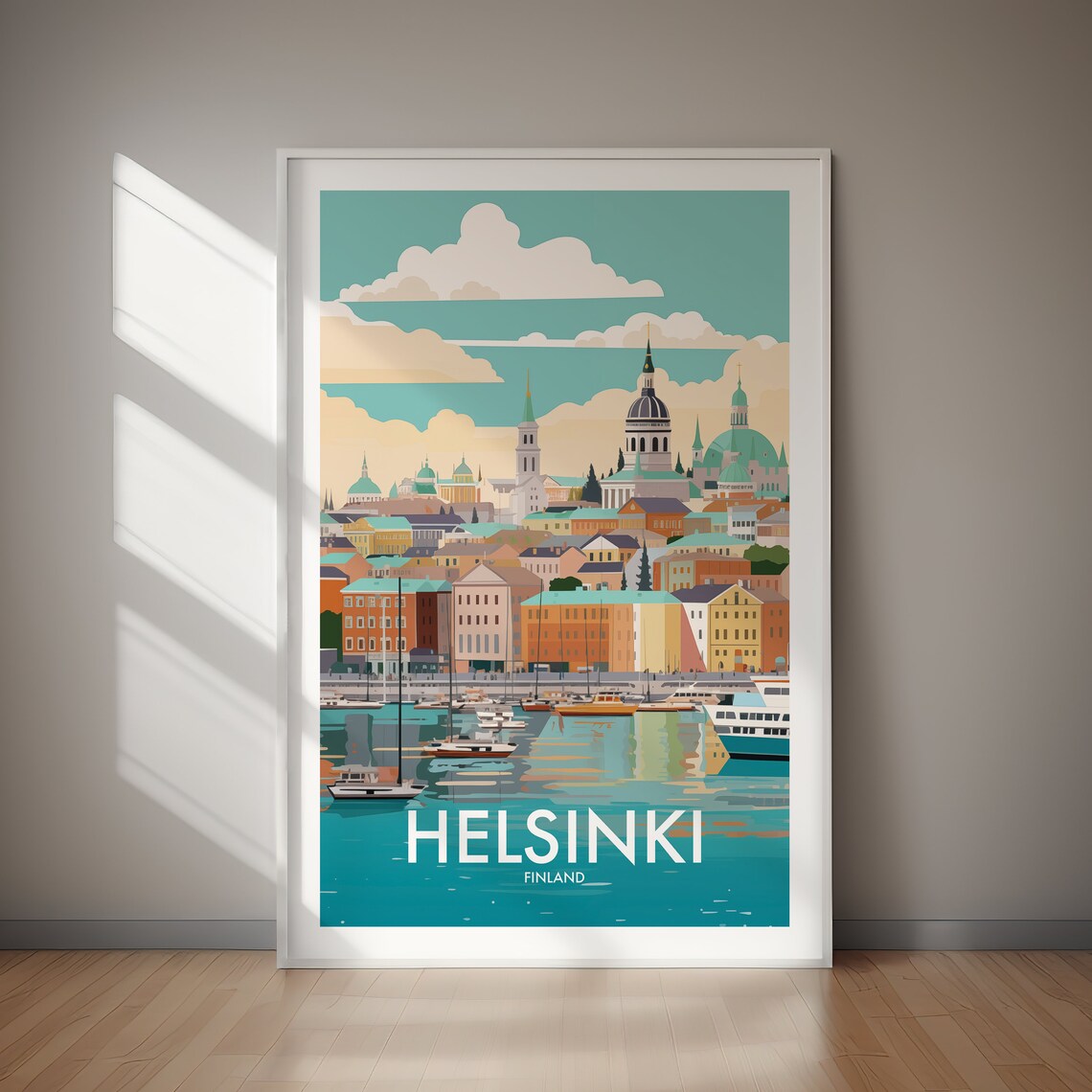 Helsinki Finland Seaside Harbor Skyline Vintage Travel Poster