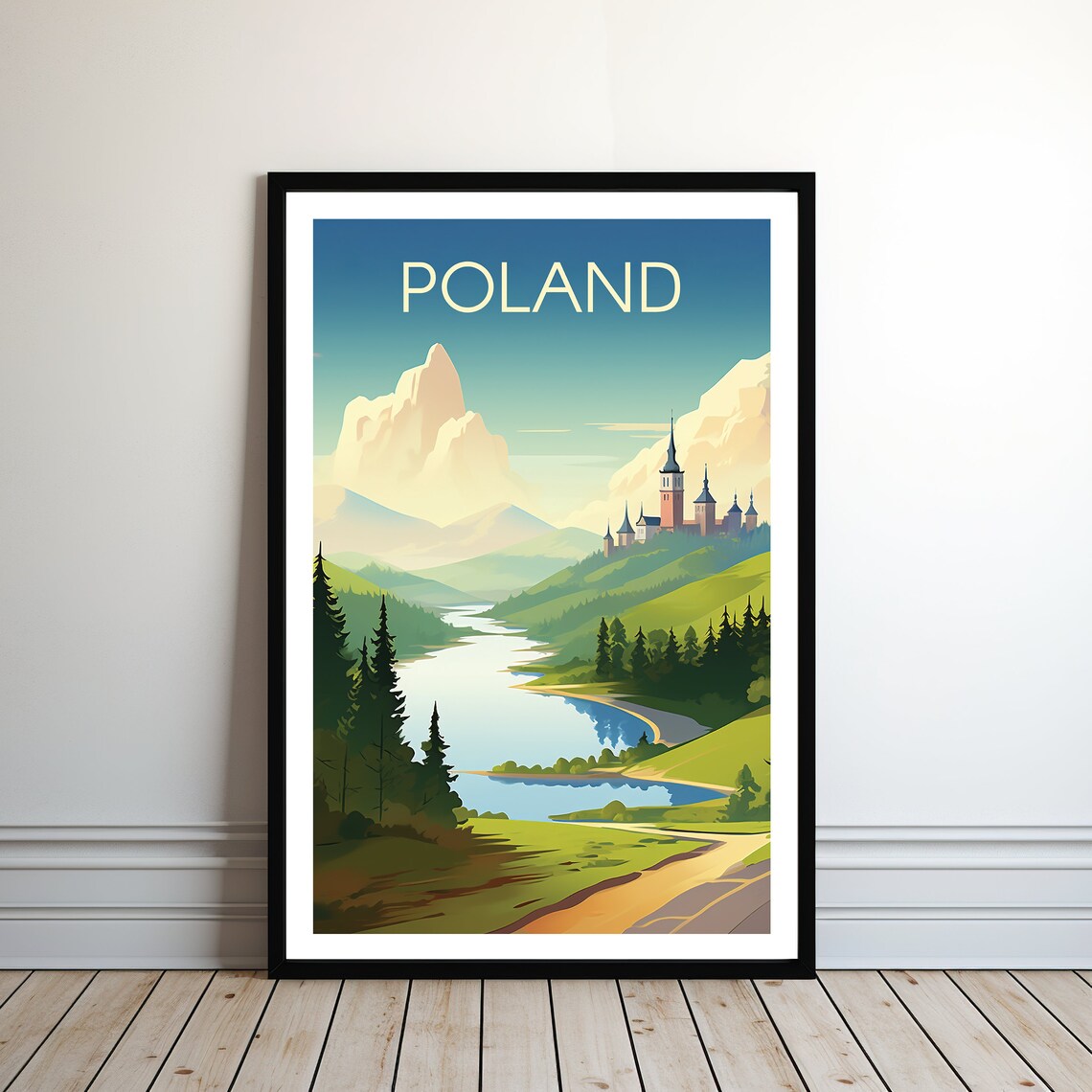 Poland Alpine Mountain Lake Castle Pines Vintage Travel Poster