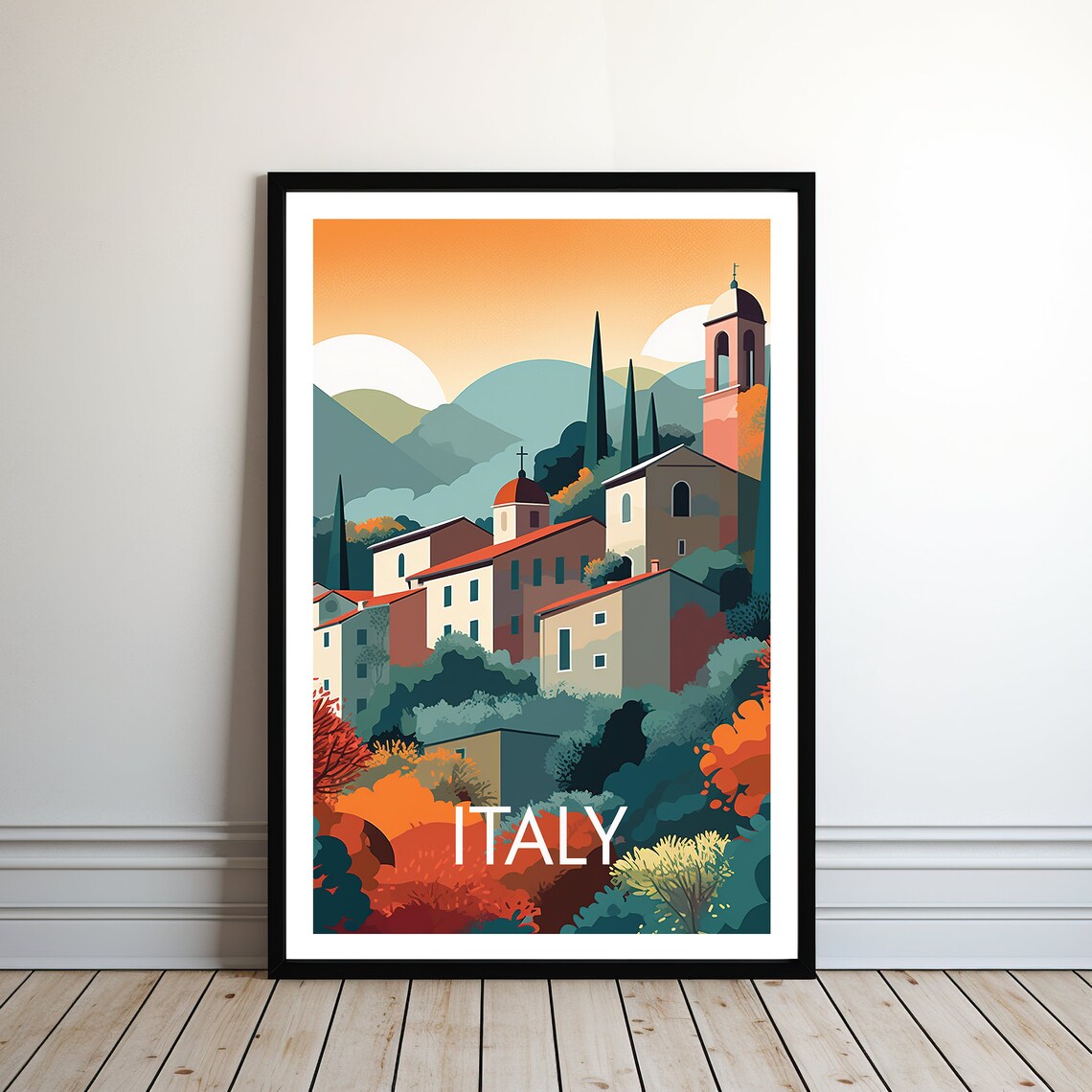 Italy Hillside Village Church Cypress Autumn Vintage Travel Poster