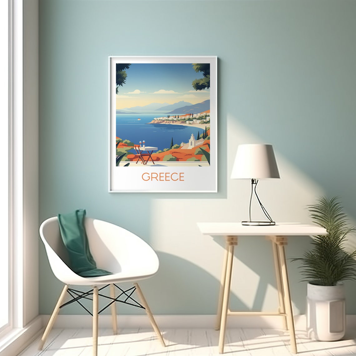 Greece Seaside Terrace Wine Blue Bay Aegean Vintage Travel Poster - Image 2