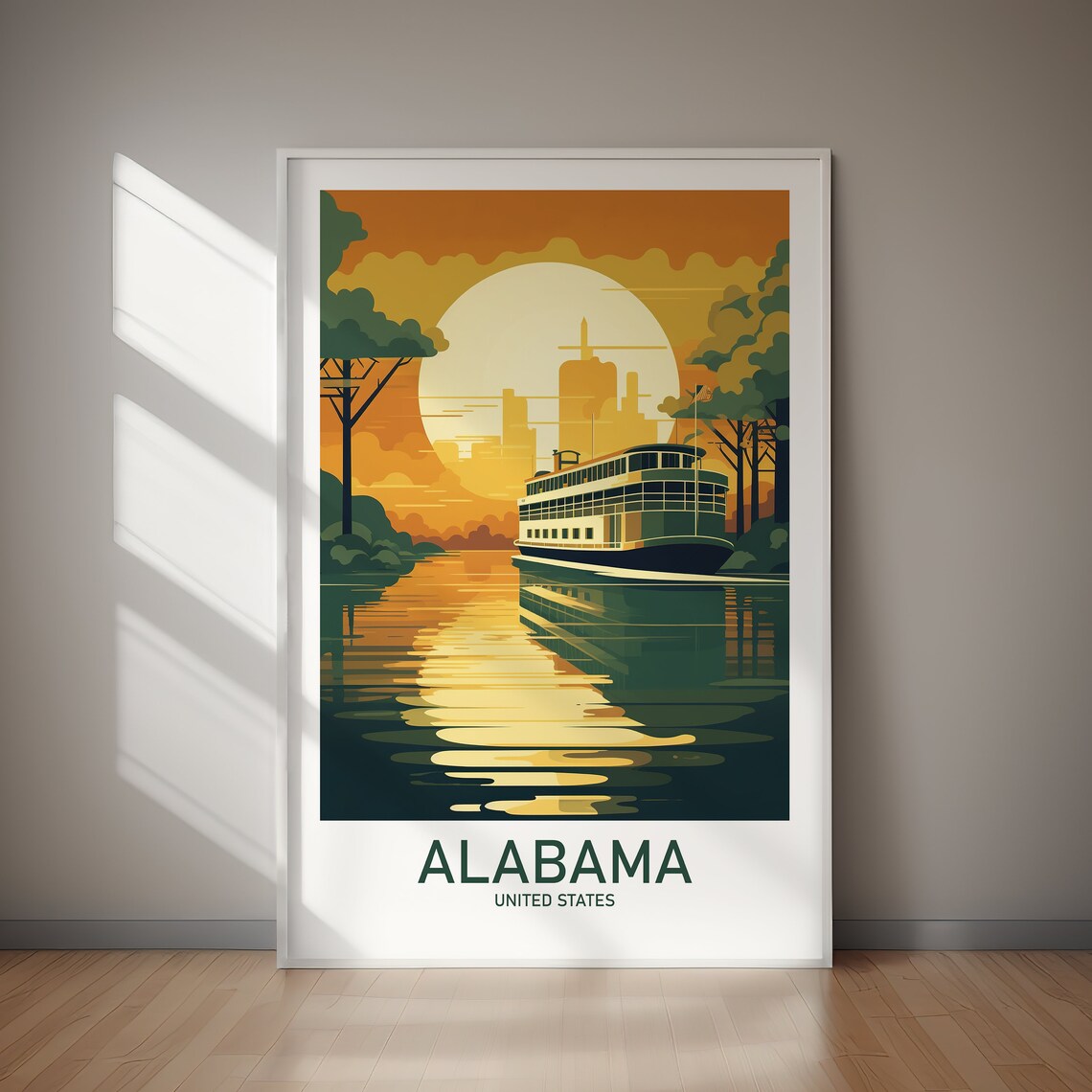 Alabama Golden Riverboat Sunset Vintage Southern Retro Travel Poster