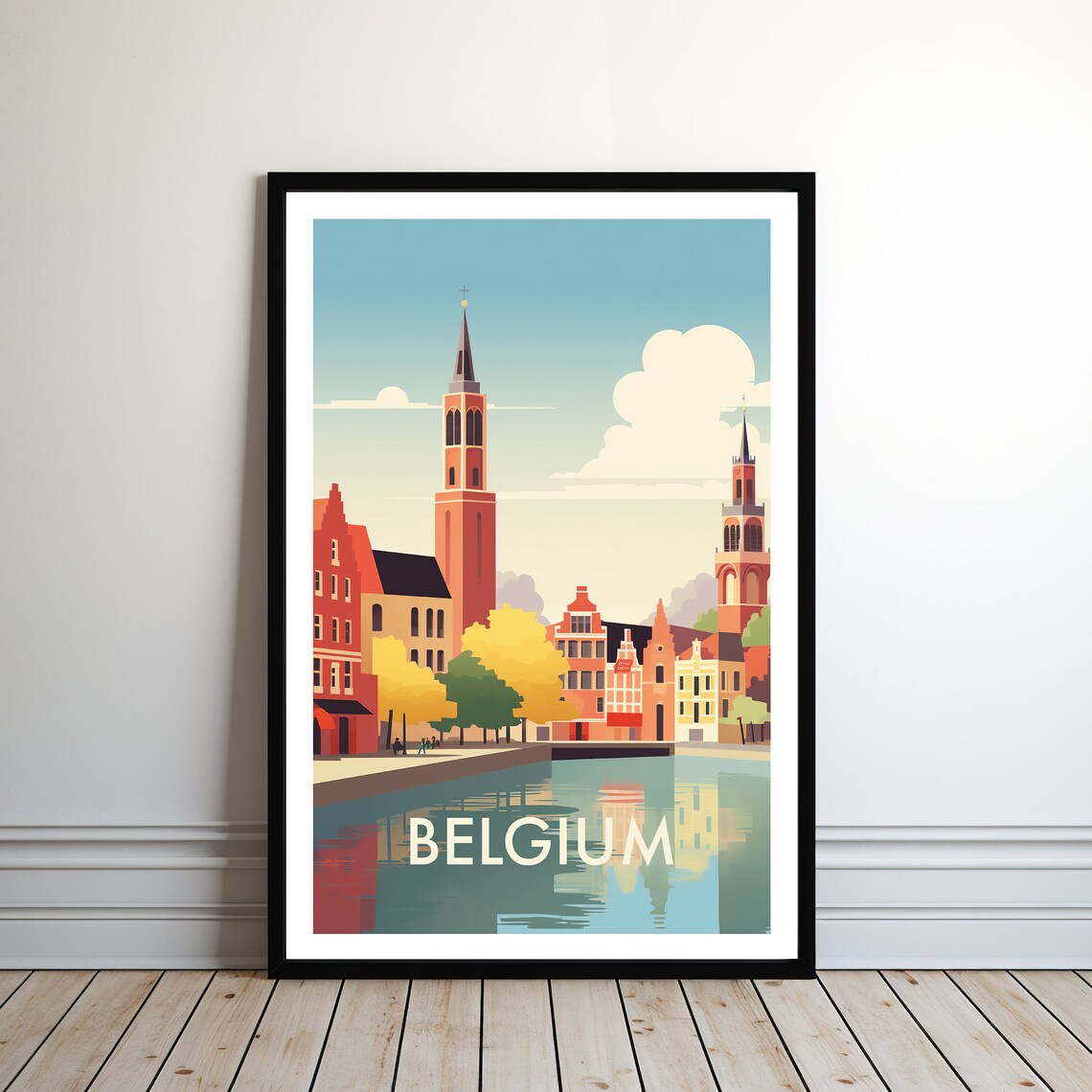 Belgium Canal Town Historic Church Towers Reflection Travel Poster - Image 2