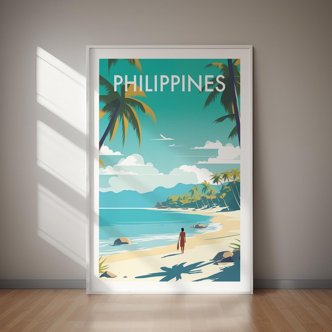 Philippines Tropical Beach Palm Trees Retro Style Travel Poster