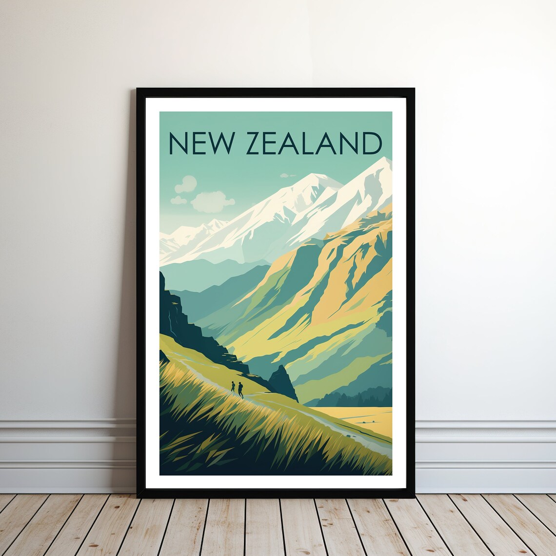New Zealand Snow Peaks Valley Hikers Alpine Vintage Travel Poster