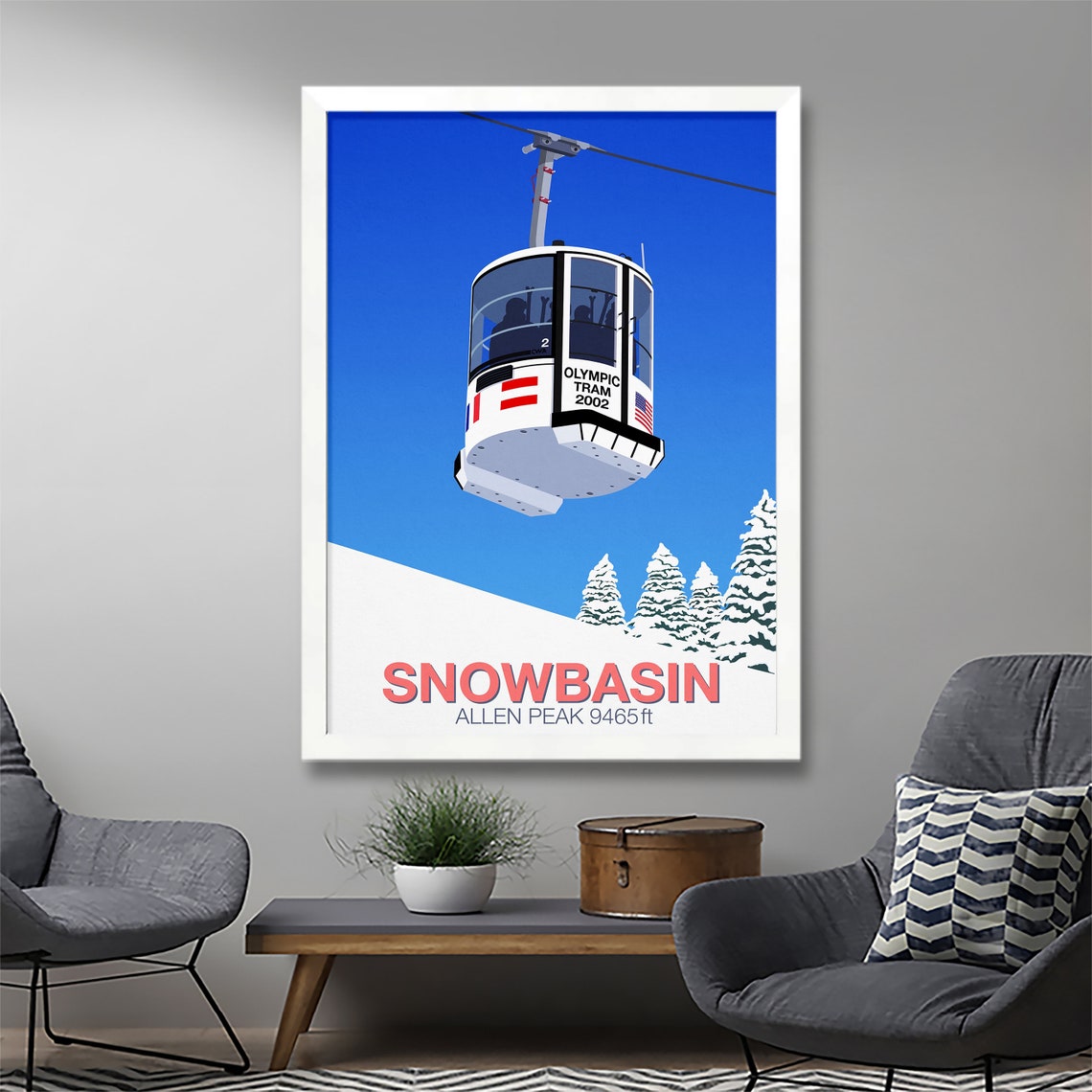 Snowbasin Allen Peak Olympic Tram 2002 Utah Retro Ski Art Poster - Image 2