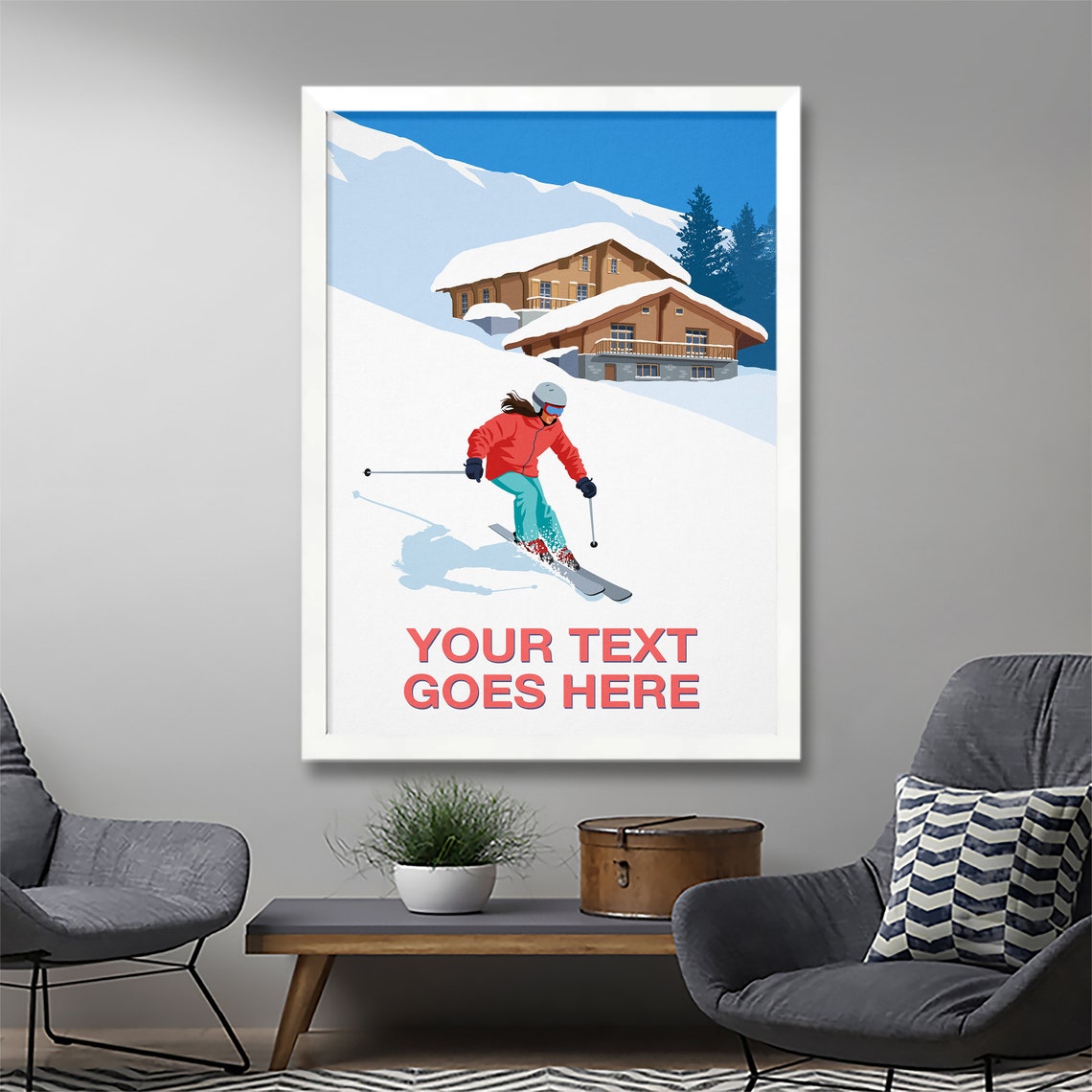 Personalised Female Skier Poster Custom Text Alpine Chalet Gift Art - Image 3