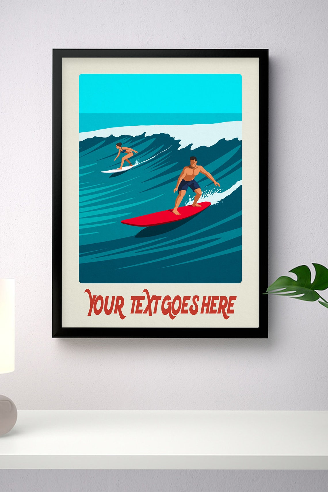 Personalised Duo Surf Poster Custom Text Two Surfers Riding a Big Wave - Image 4