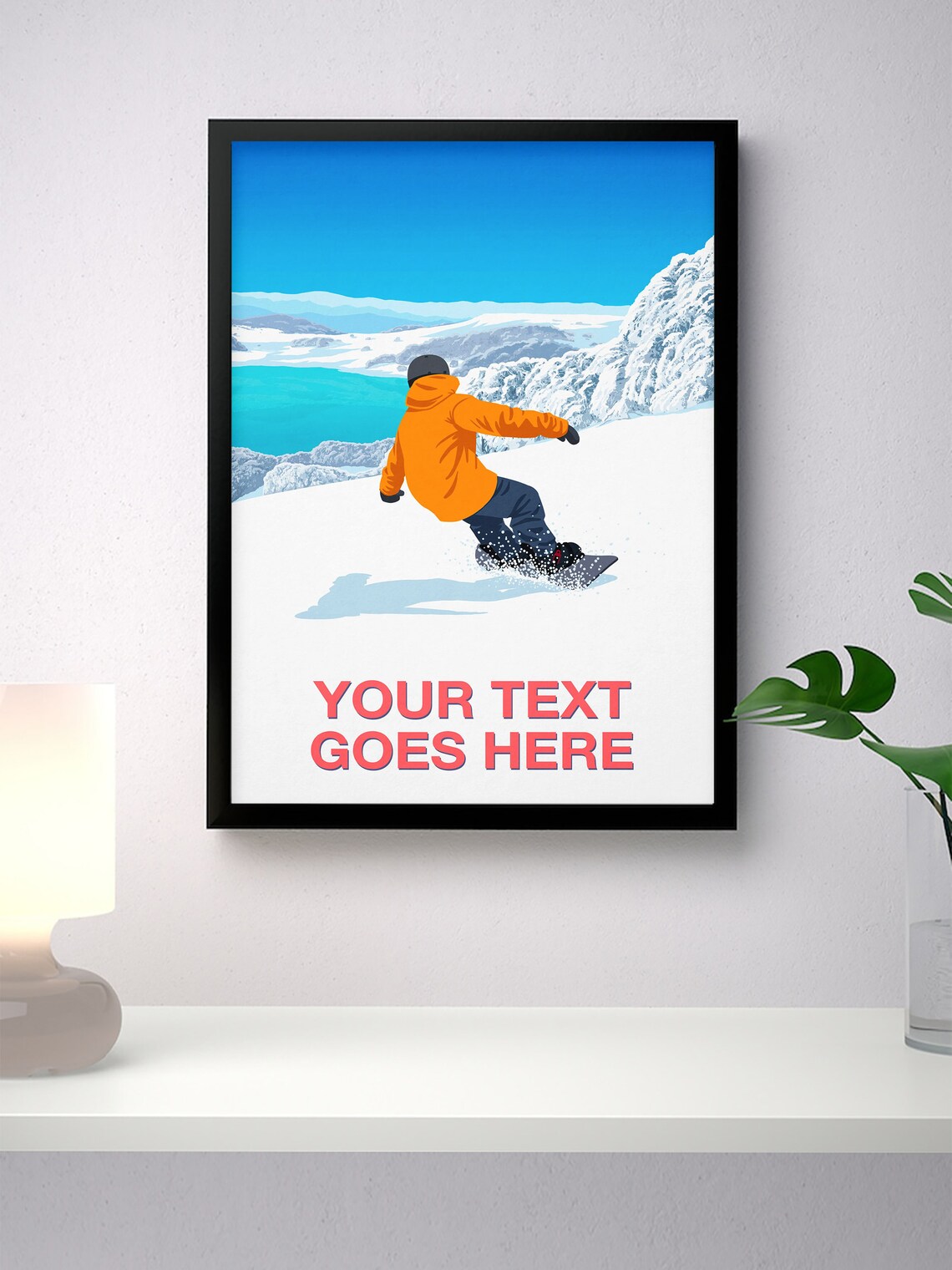 Personalised Snowboard Poster with Custom Text Rider Above Alpine Lake - Image 4