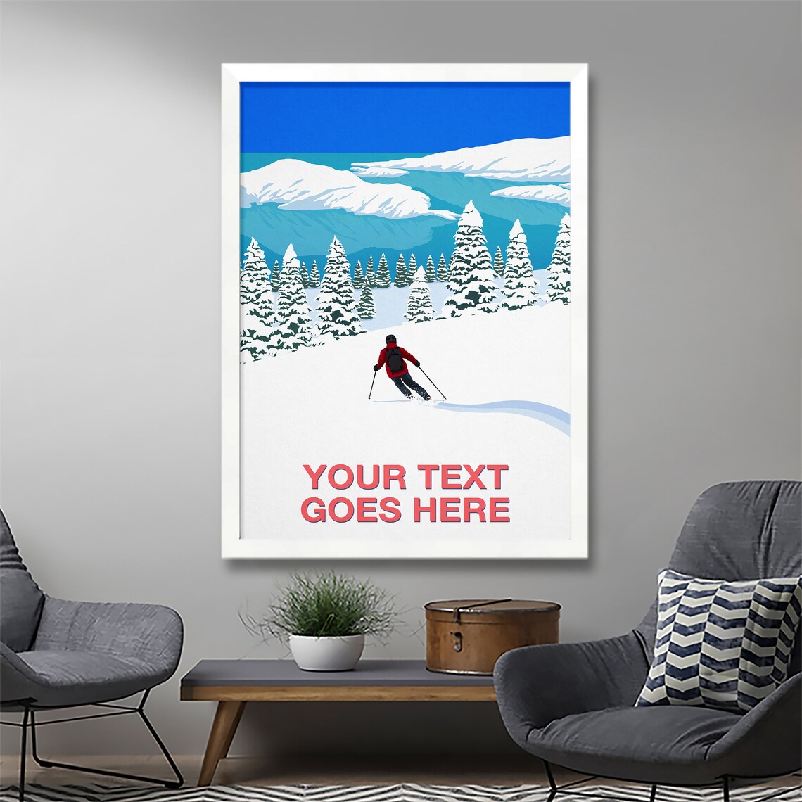 Personalised Ski Poster with Custom Text Skier Gliding Through Pine Forest - Image 3
