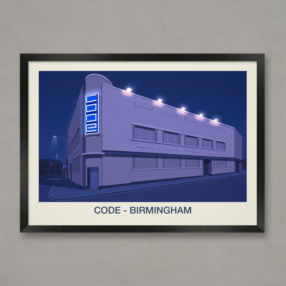 Code Birmingham Nightclub Poster Blue Neon Sign Venue Night Art